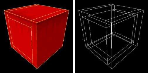 The cube broke into 6 separate brushes (3D wireframe view) Application of Hollow. The cube broke into 6 separate brushes (3D wireframe view)